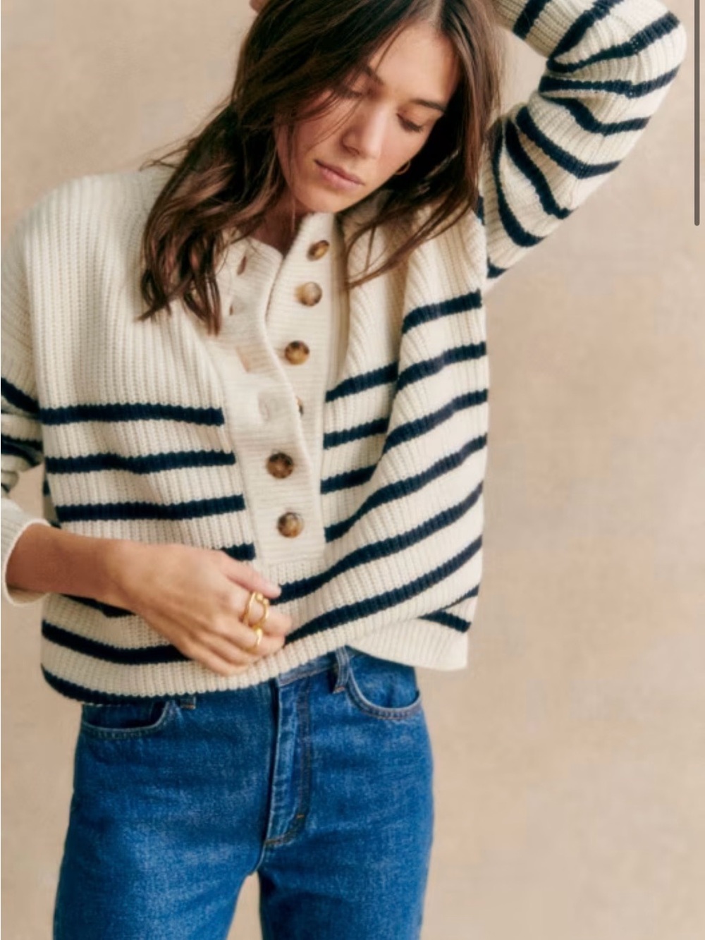 Sezane Lucas Jumper Sweater Navy Blue Ecru Size XS Wool Striped Pullover
